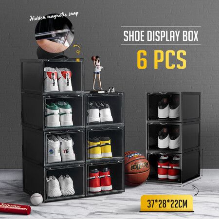 6PCS Shoe Storage Box Sneaker Display Cases ABS Plastic Boxes Stackable Organiser Transparent Black