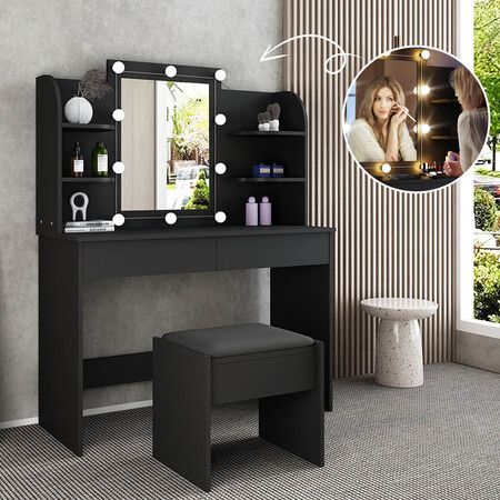 Modern Dressing Table Makeup Desk, Black Makeup Vanity With Lighted Mirror