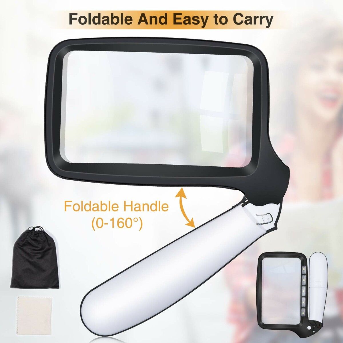 Folding Magnifying Glass with Light, 2X Magnified Glass 5 Dimmable LED Lighted  for Reading, Handheld Rectangular Magnifier for older people