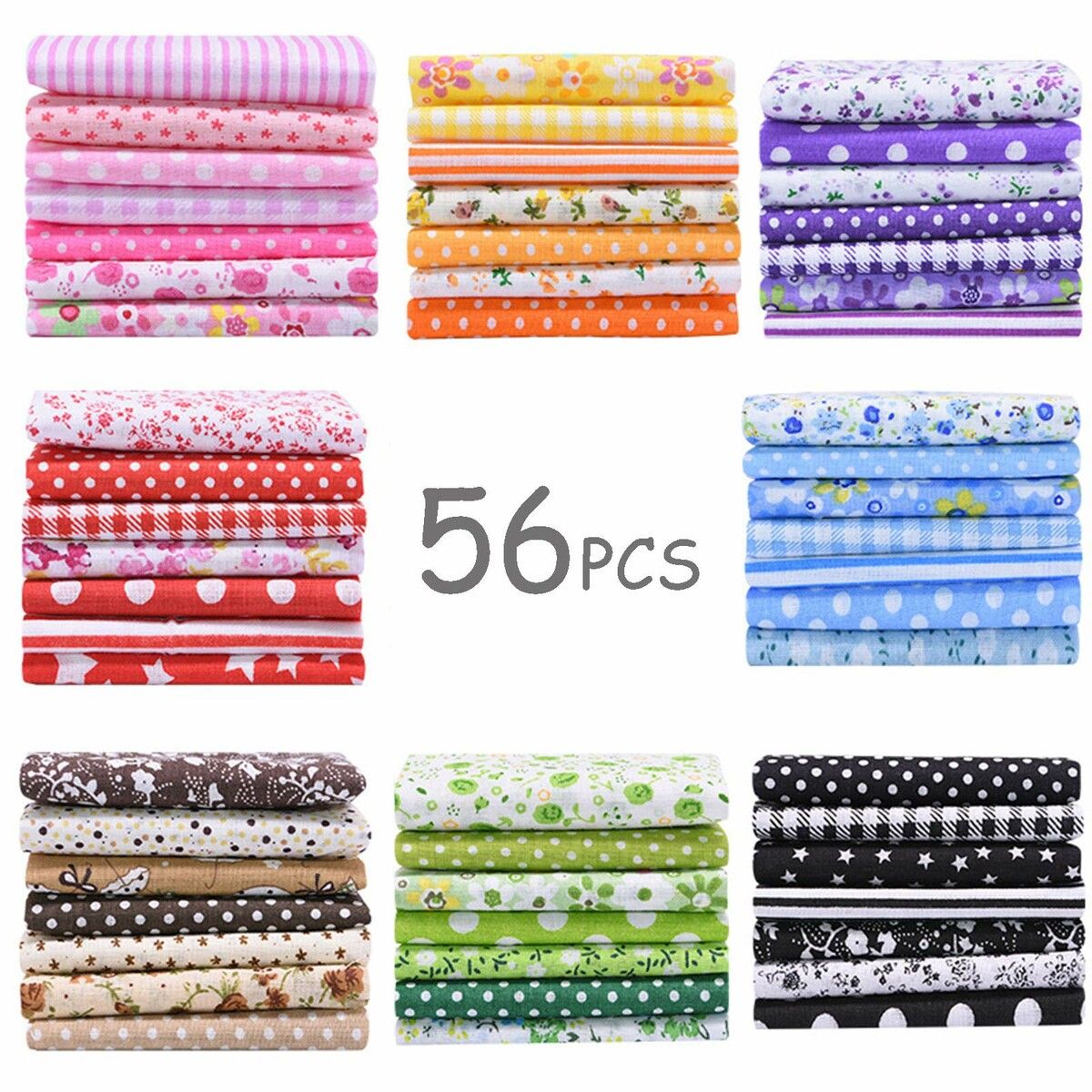 56pcs 25cm x 25cm Top Cotton Craft Fabric Bundle Squares Patchwork DIY Sewing Scrapbooking Quilting Dot Pattern