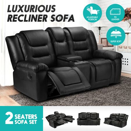 2 Seater Recliner Chair Lounge Sofa Black Leather Armchair Loveseat Home Living Room with Cup Holders