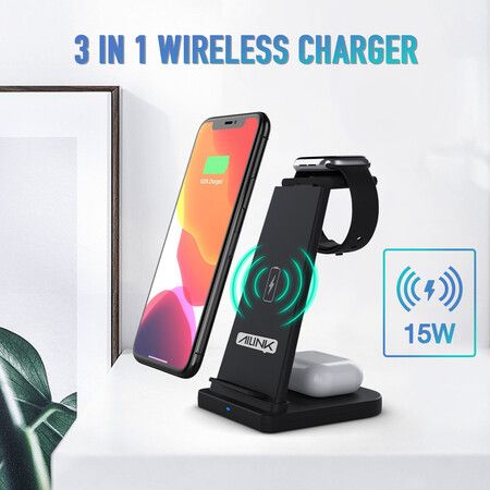 Foldable 3-in-1 Wireless Charger Stand Charging Station for Apple and Samsung Phone, iWatch and AirPods Black