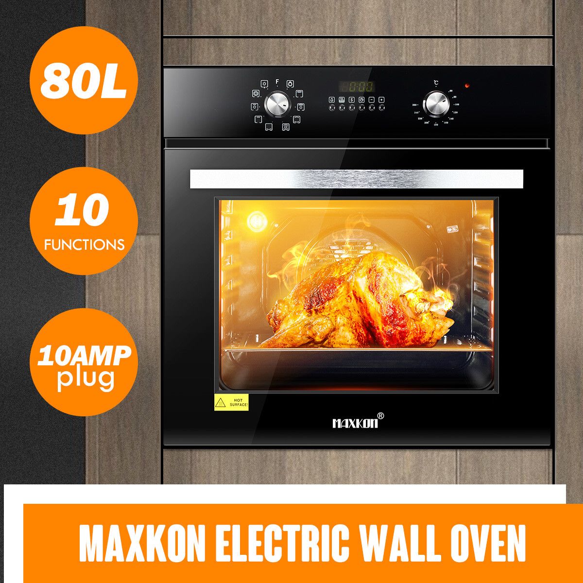 Maxkon Built in Electric Wall Oven Cooking Oven 10 Functions 80L Knob Control 