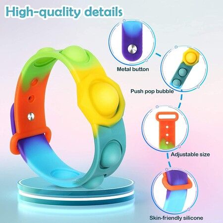 Stress Relief Wristband Fidget Toys, Wearable Push Pop Bubble Sensory Fidget Hand Finger Press Silicone Bracelet Toy for Kids and Adults Anxiety ADHD ADD Autism (watchband-Rainbow)