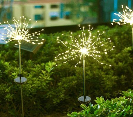 2 Pack 120LED 8 Modes Solar  Firework Lights Plug in Ground Starburst Col.Warm White