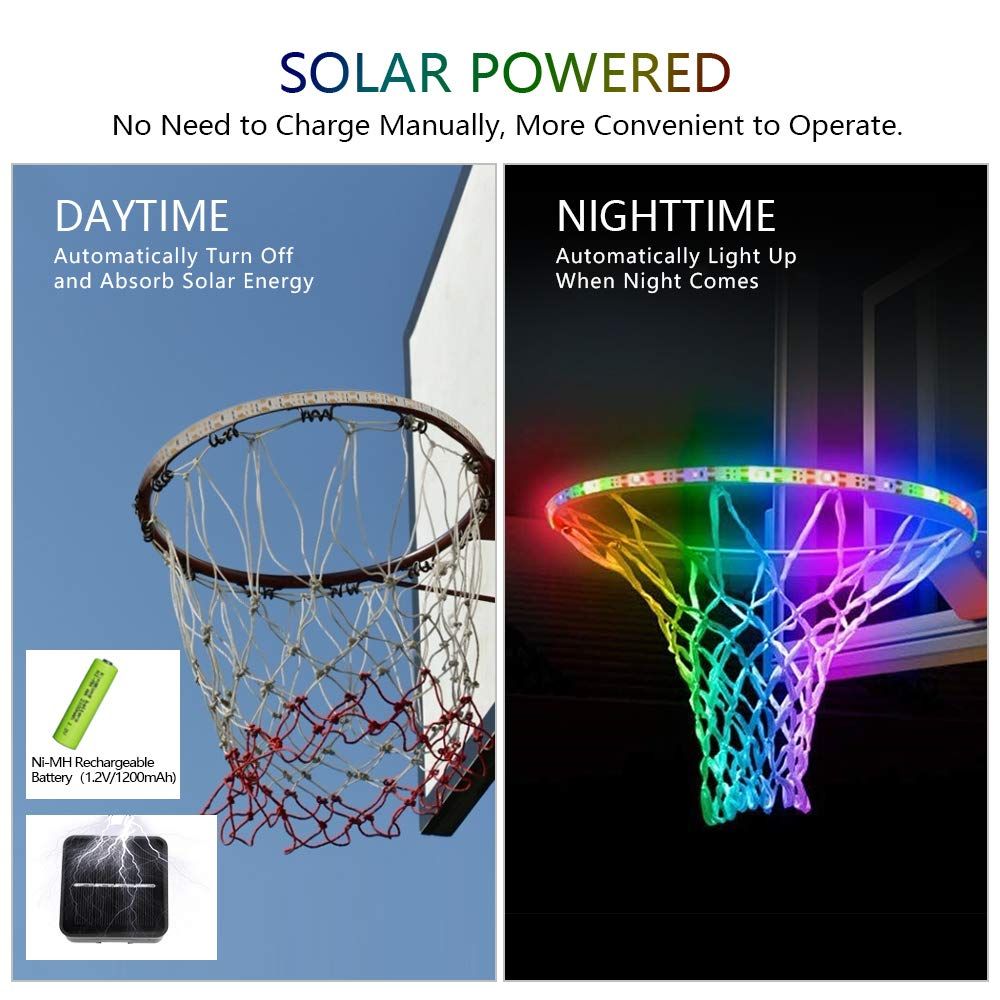 Waterproof Super Bright Strip Lights with 8 Light Modes Ideal for Playing Training Games at Night Outdoors Solar Powered Glow-in-The-Dark Basketball Rim Lights LED Basketball Hoop Lights 