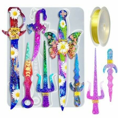 Dagger Resin Molds Kit, Epoxy Sword Mold with Golden Craft Wire, Unique Dagger Atham Casting Silicone Mold for DIY Crafts Making