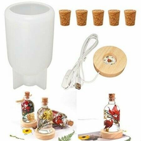 Light Bottle Resin Mold, Drifting Bottle Silicone Mold with Led Light Base and 5PCS Wooden Stoppers for Epoxy Casting Wishing Bottle, Candle,