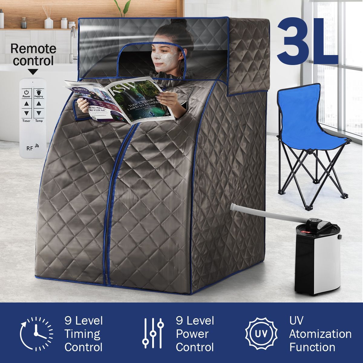 Portable Steam Sauna Therapeutic Home Sauna Full Body Spa Set with Steam Pot, Portable Chair & Remote Control