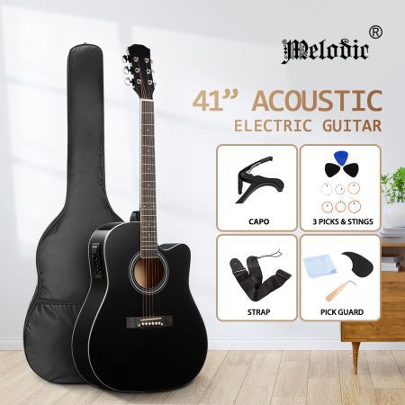 Melodic Acoustic Electric Guitar Wooden Folk 4 Band EQ Black 41 Inch