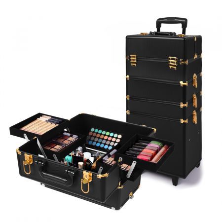 Makeup Case Professional Makeup Organiser 7 in 1 Trolley Black Gold