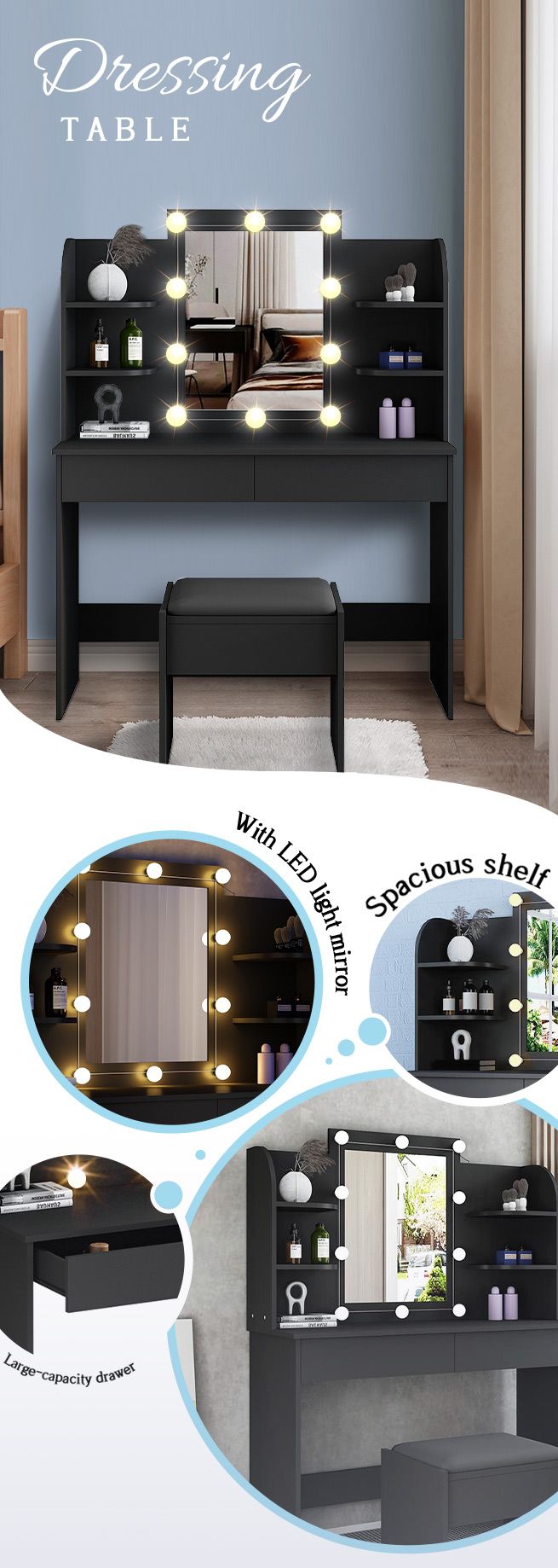 Modern Dressing Table Makeup Desk Vanity Table Stool Set with LED