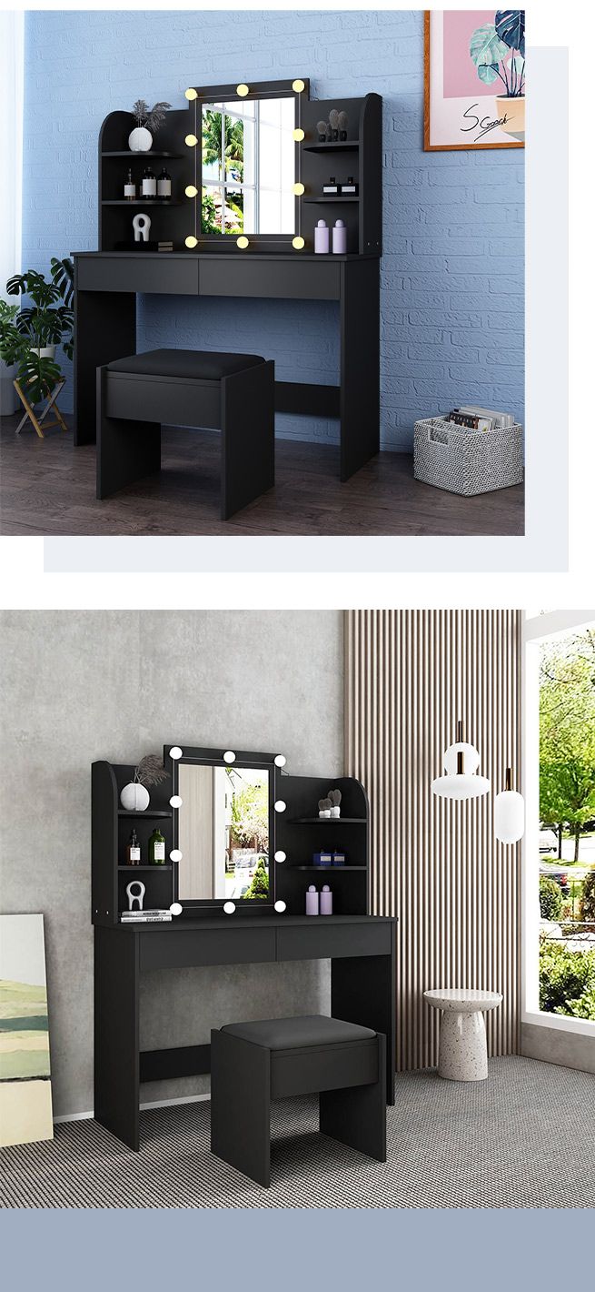 Modern Dressing Table Makeup Desk Vanity Table Stool Set with LED