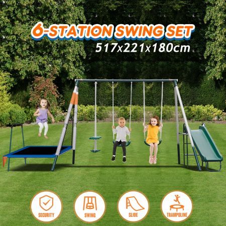 Kid Swing Slide Set Outdoor Playground Playset Equipment Backyard Child 6 Station with Trampoline