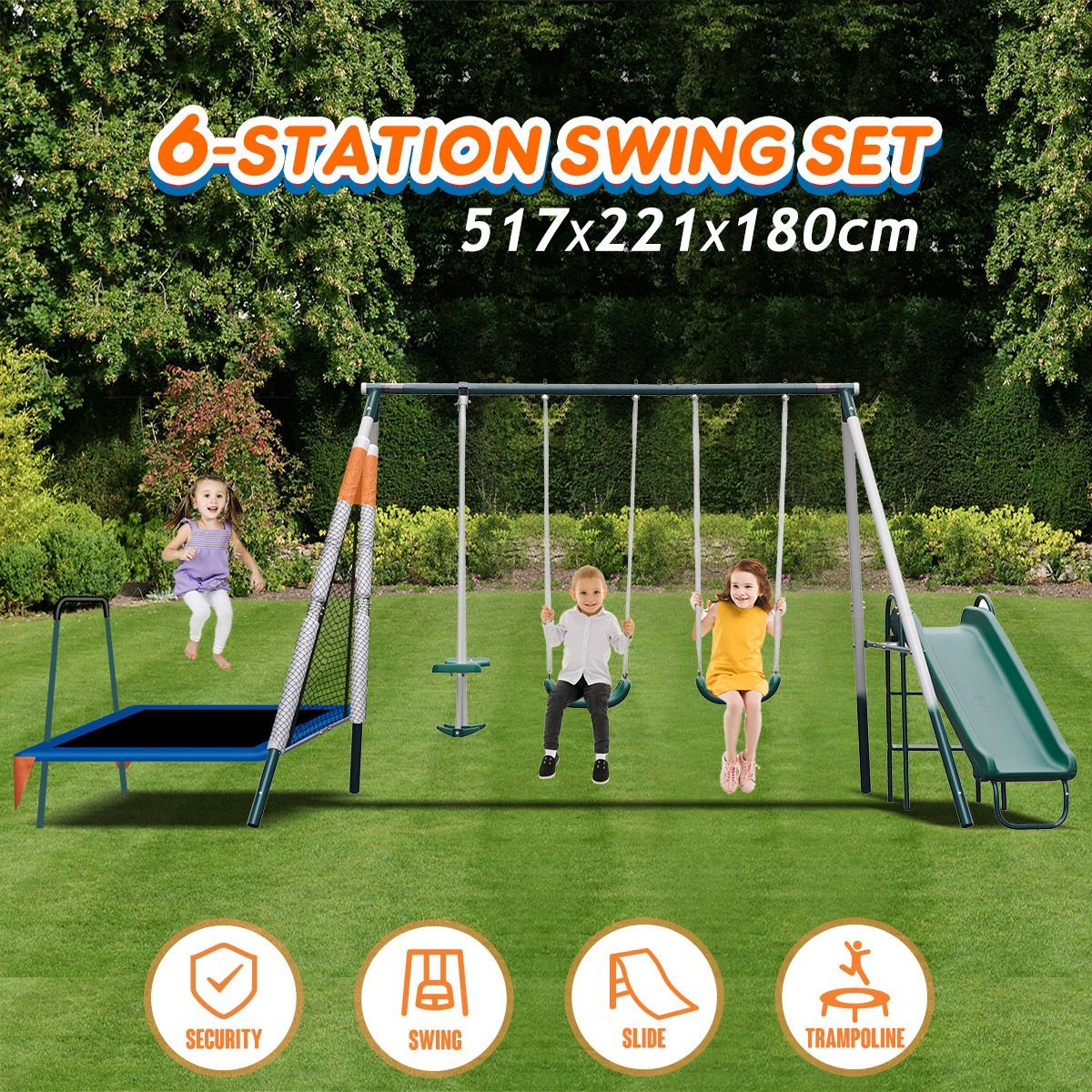 Kid Swing Slide Set Outdoor Playground Playset Equipment Backyard Child 6 Station with Trampoline