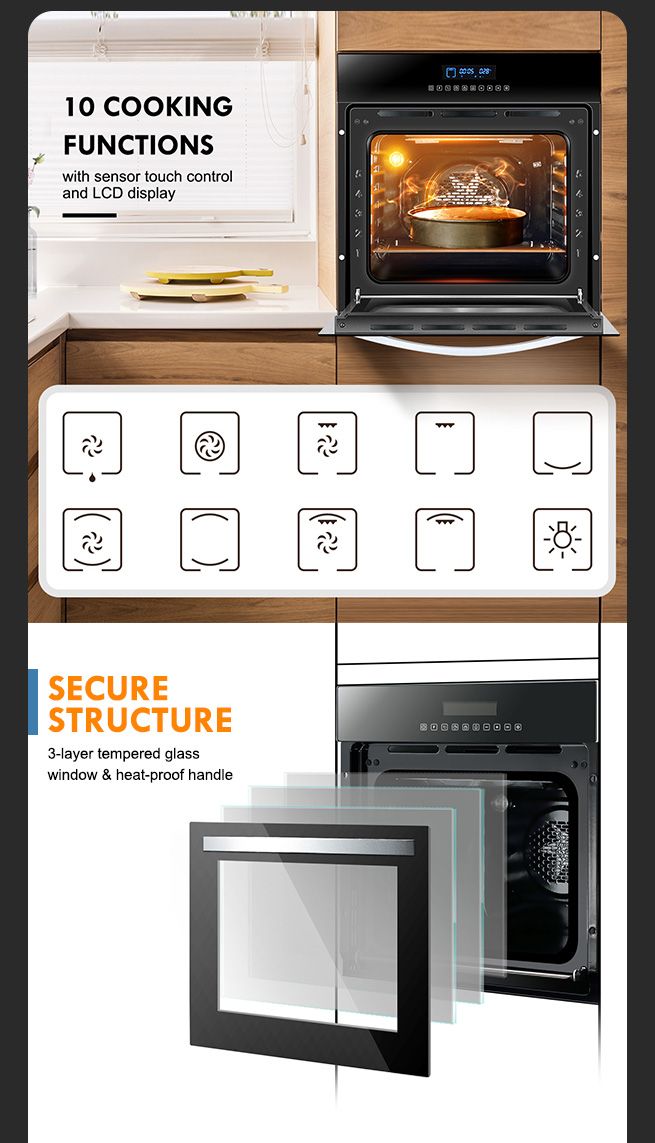 Maxkon 80L Electric Wall Oven Built in Cooking Oven 10 Functions Touch
