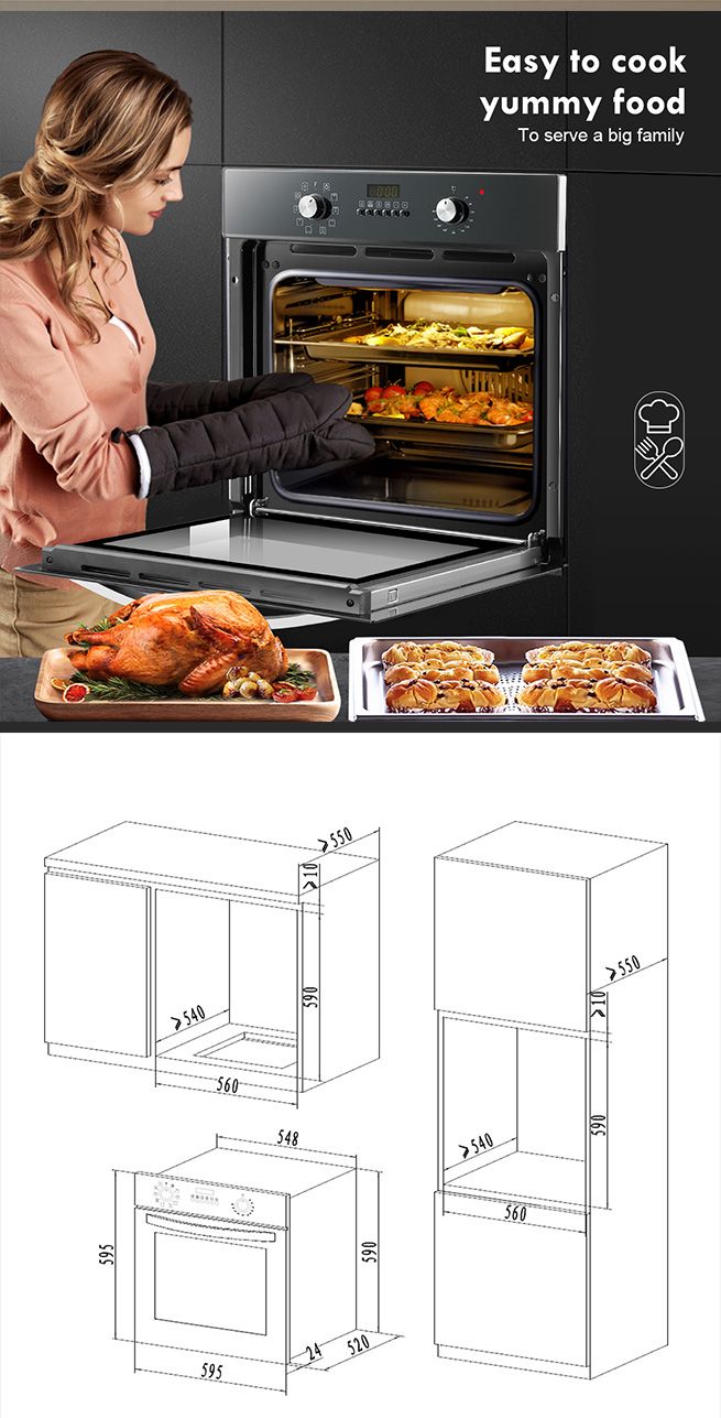 Maxkon Built in Electric Wall Oven Cooking Oven 10 Functions 80L Knob