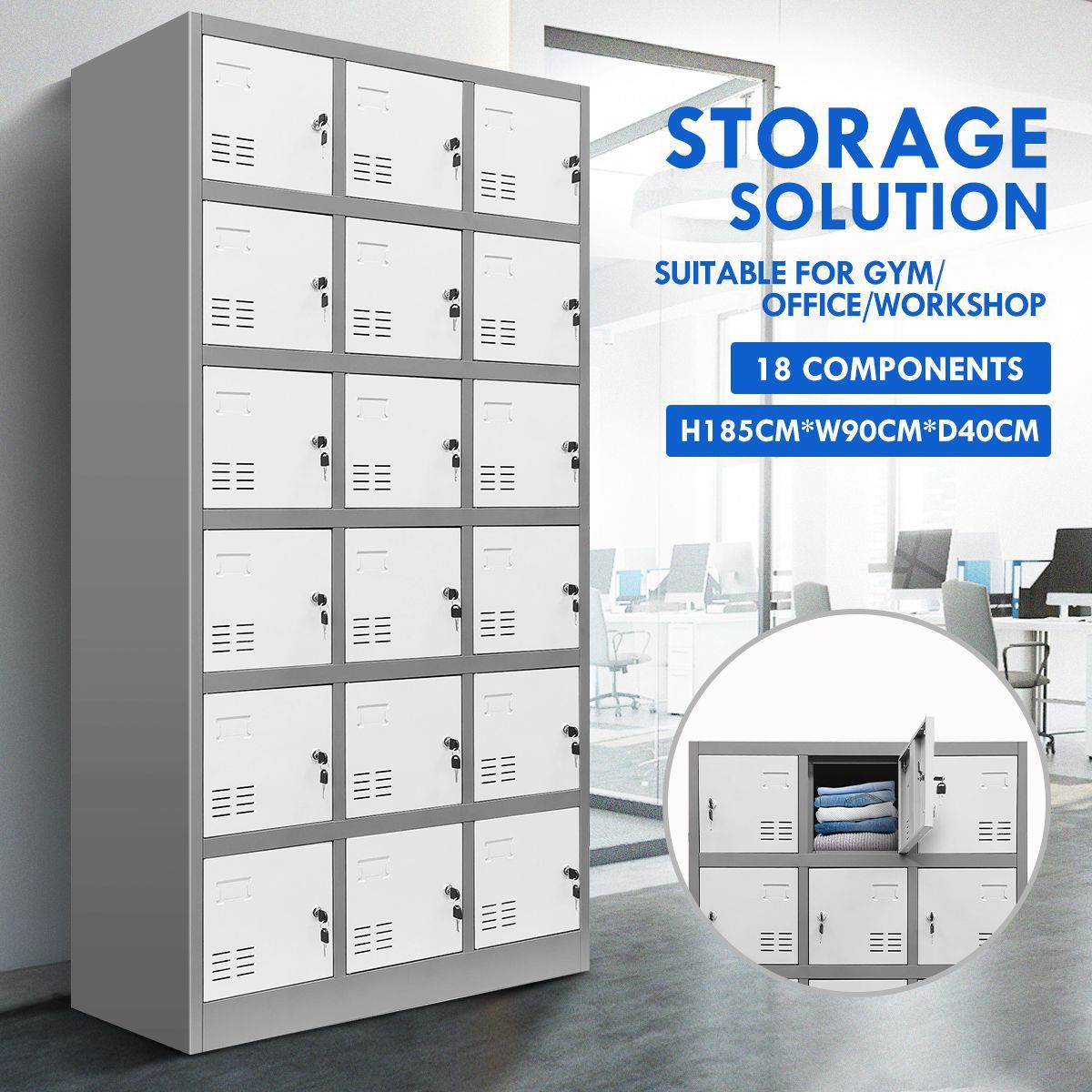 18 Doors Metal Steel Locker Gym Office School Stationary Storage Cabinet White