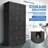 12 Doors Steel Locker Gym Office School Home Stationary Storage Cabinet Black