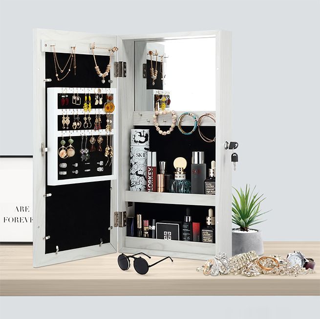 Mirrored Lockable Wall Hanging Jewellery Organizer Earrings