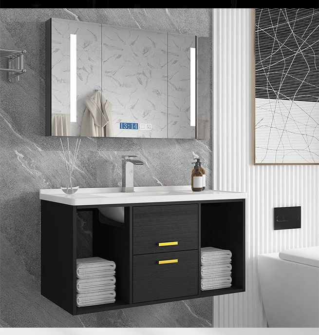 90cm Bathroom Cabinet Vanity With Sink 2 Drawers Open Shelves Wall Mount Black Crazy S - Wall Mounted Open Bathroom Cabinet