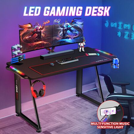 Ergonomic Gaming Desk Computer Home Office Writing Desk Racer Table with LED Lights and Carbon Fiber Desktop Black