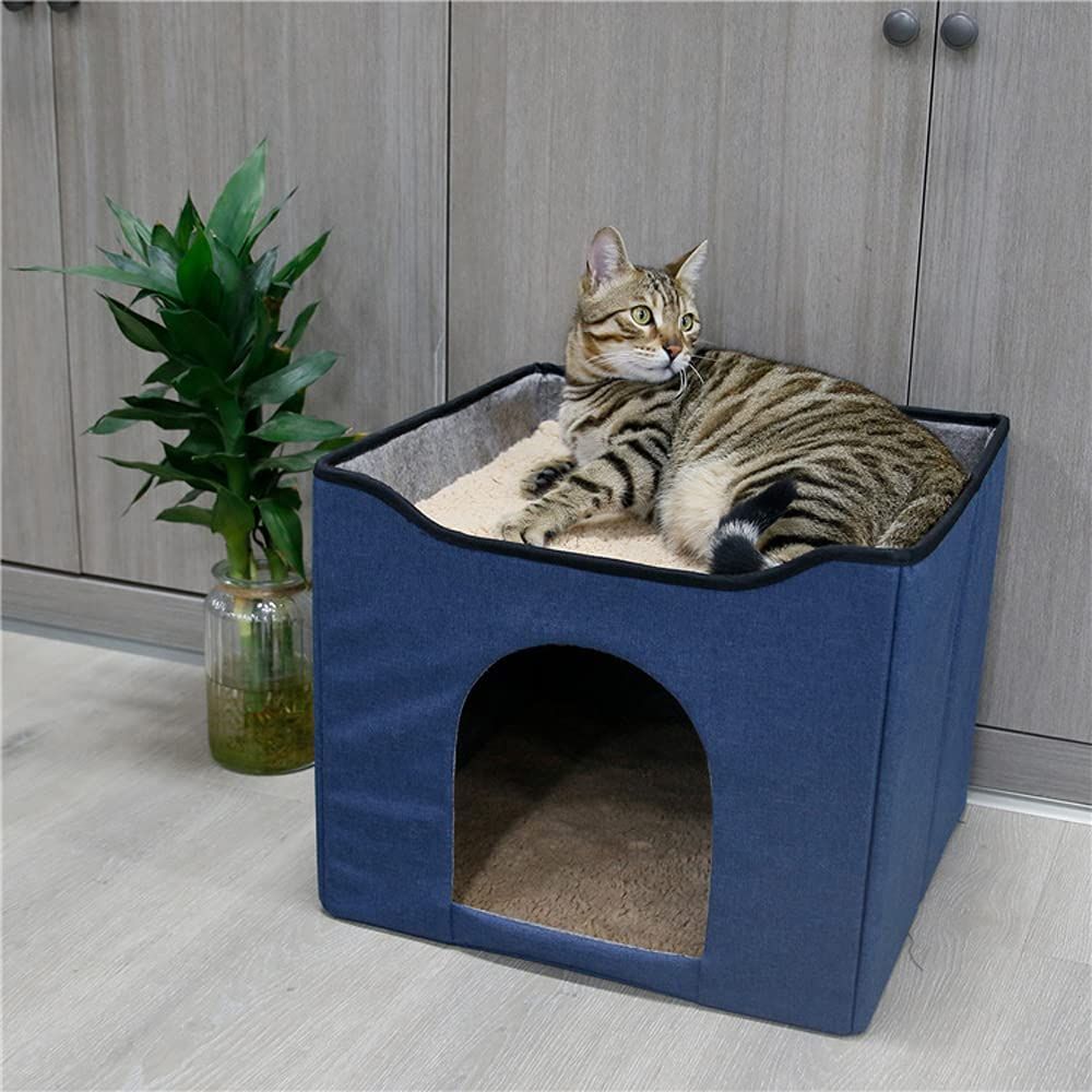 Enclosed Cat Cave for Indoor Cats 2 in 1 Cat Hideaway Cube Cat Beds & Furniture with Scratch Pad Eagoo Cat House&Condo with Bed Foldable Cat Cardboard House Cat Box for Indoor Cats 