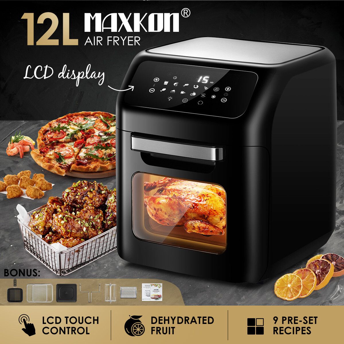 Maxkon Air Fryer Oven 12L 1800W Electric Kitchen Appliances Tilt LED Digital Touchscreen 12-in-1 Presets Black 