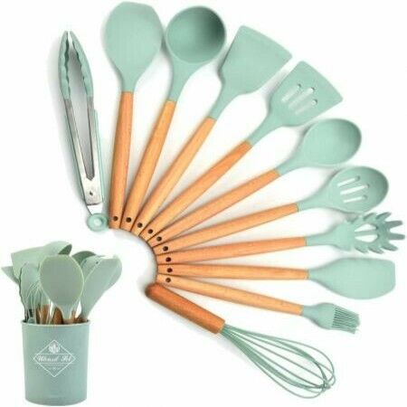 Silicone Cooking Utensil Set,11 PCS Non-stick Silicone Cooking Utensils Set For Home or Picnic, Wooden Handle Heat Resistant(green)
