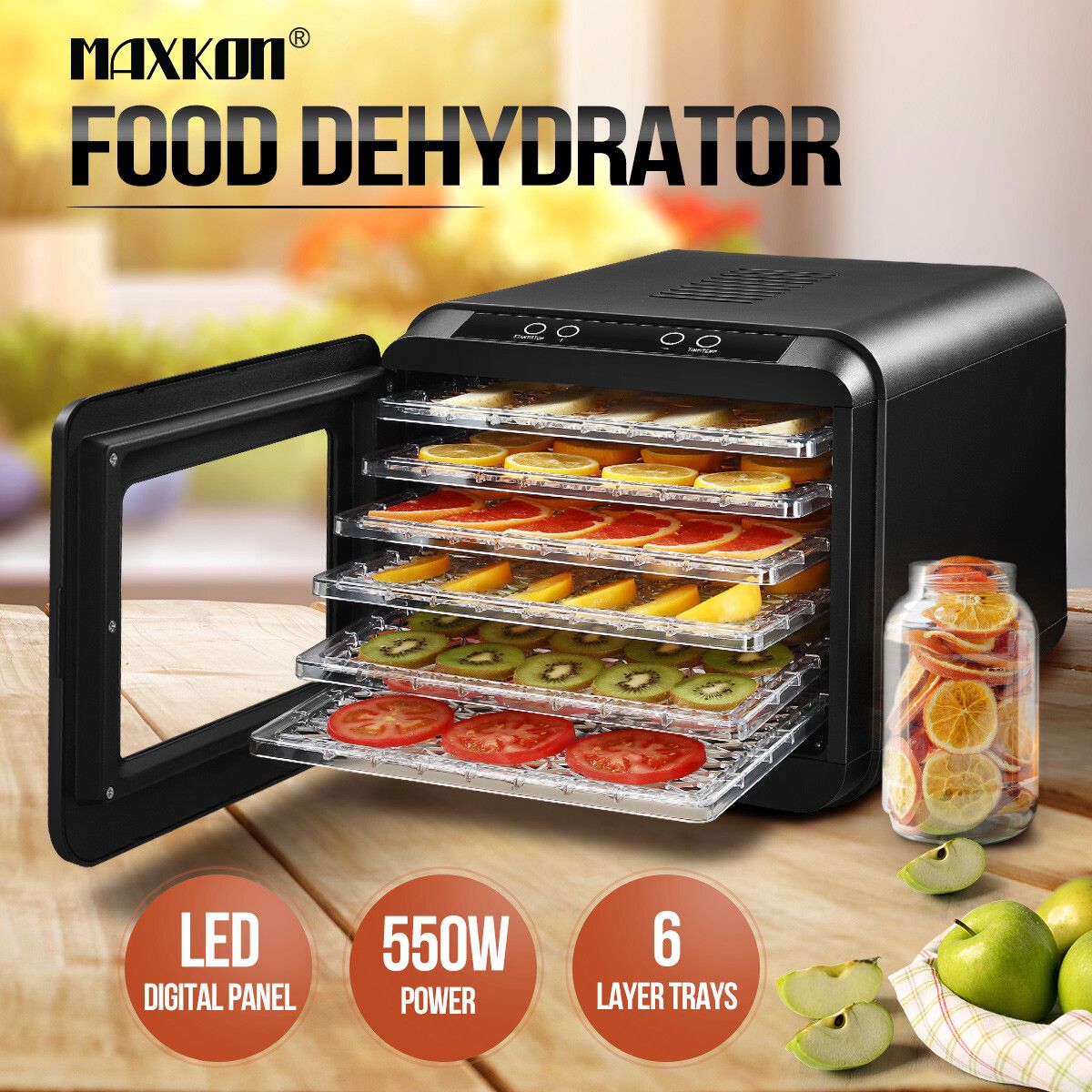 Maxkon Food Dehydrator Fruit Vegetable Meat Dryer Maker Machine 6 Trays and Timer 