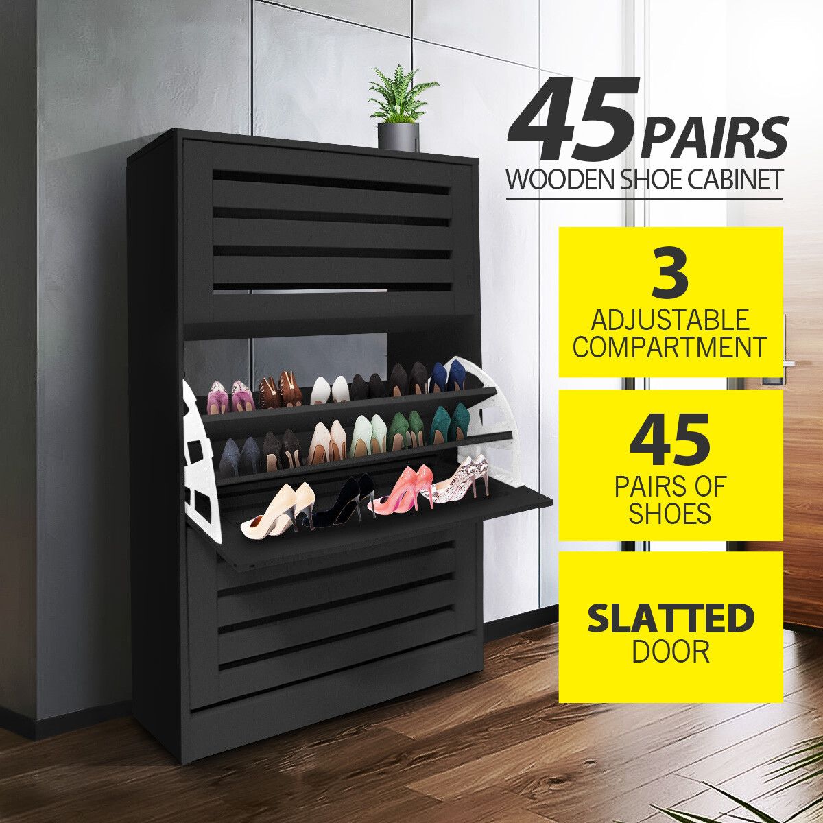 Black Wooden Shoe Cabinet Rack Shelf Organiser w/3 Drawers 45 Pairs Shoes Storage 