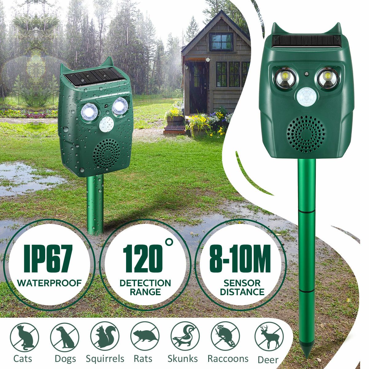 Ultrasonic Animal Pest Control Repeller Cat Dog Rat Bird Repellent Deterrent IP67 Waterproof Motion Activated Flashing LED Light