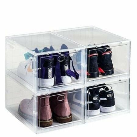 4pcs Storage Shoe Box, Foldable Clear Sneaker Display Box, Stackable Plastic Storage Bins 36X33X21CM