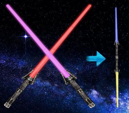 Light Up Saber 2-in-1 (7 Colors) LED Dual Laser Swords, FX Sound (Motion Sensitive) and Telescopic Handle Light Swords for Galaxy War Fighter Warriors, Halloween Dress Up Parties Xmas Present, 1 Pack