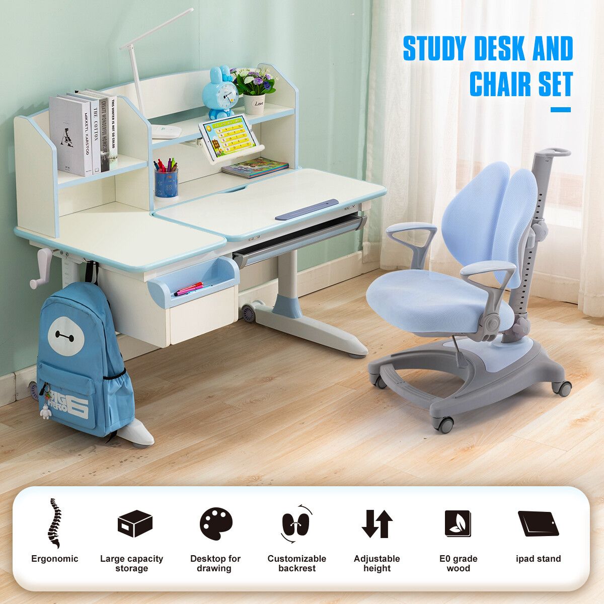 Blue Ergonomic Children Kids Study Desk and Chair Set Height Adjustable Storage Shelf Drawer 