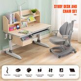 Ergonomic Children Kids Study Desk and Chair Set Grey Height Adjustable Storage Shelf Drawer 