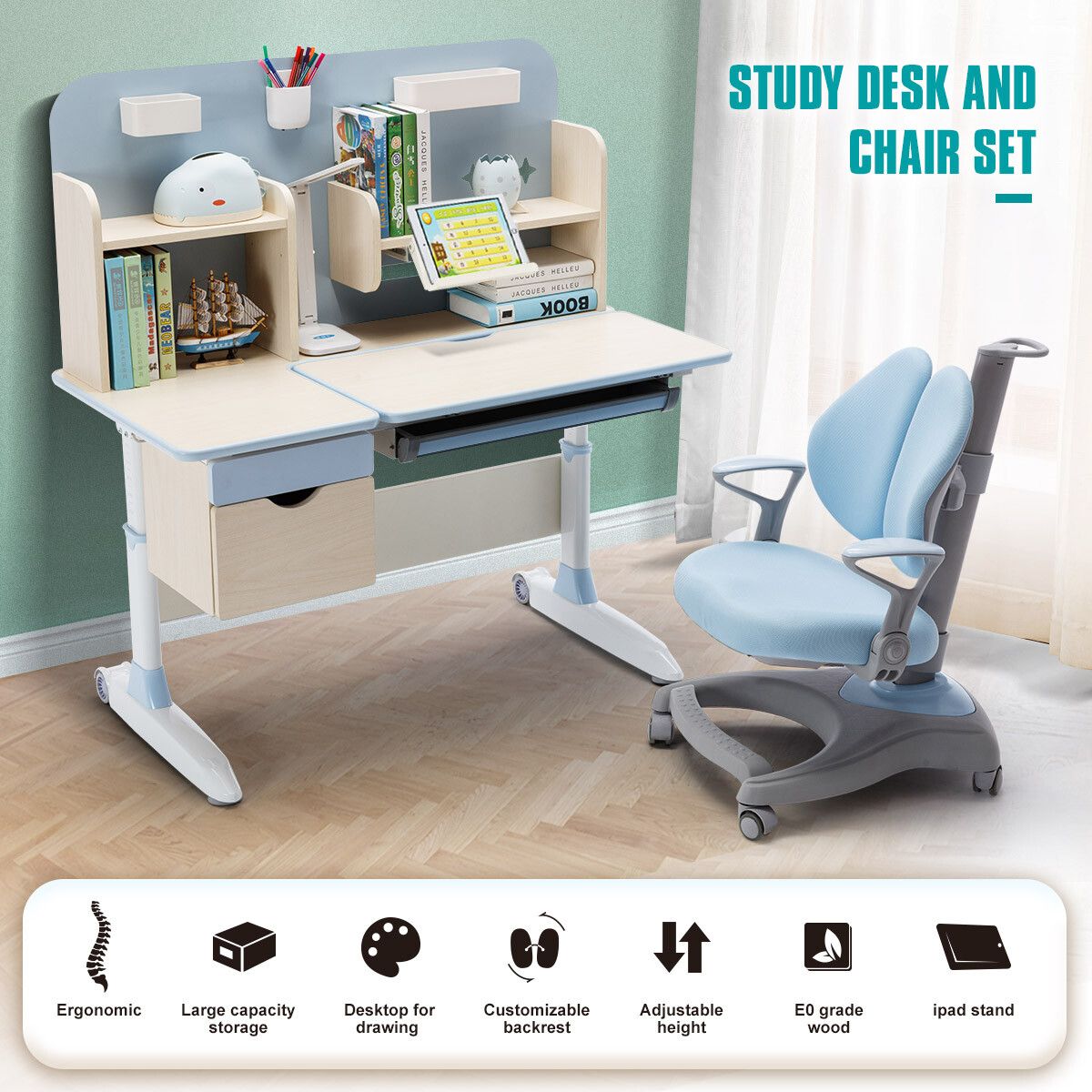 Children Kids Study Desk and Chair Set Height Adjustable Bookshelves Drawers Magnetic Backboard Blue