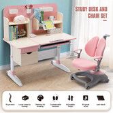 Children Kids Study Desk and Chair Set Height Adjustable Bookshelves Drawers Magnetic Backboard Pink