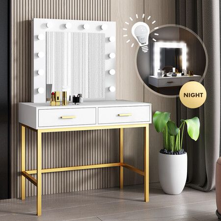 Large Vanity Dressing Table Dresser Makeup Table with 12 LED Lights Mirror and 2 Drawers, White