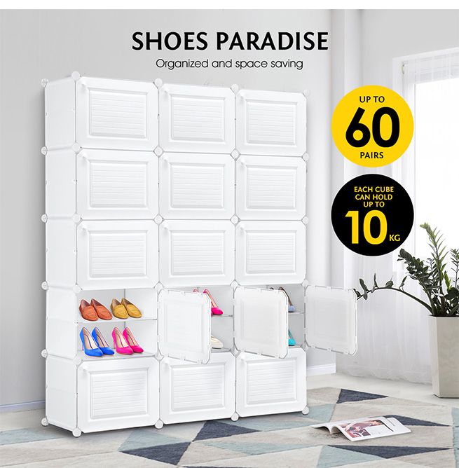 60 Pairs Stackable Shoe Storage Box Organiser Cube DIY Shoe Rack Shelf 30 Tier White