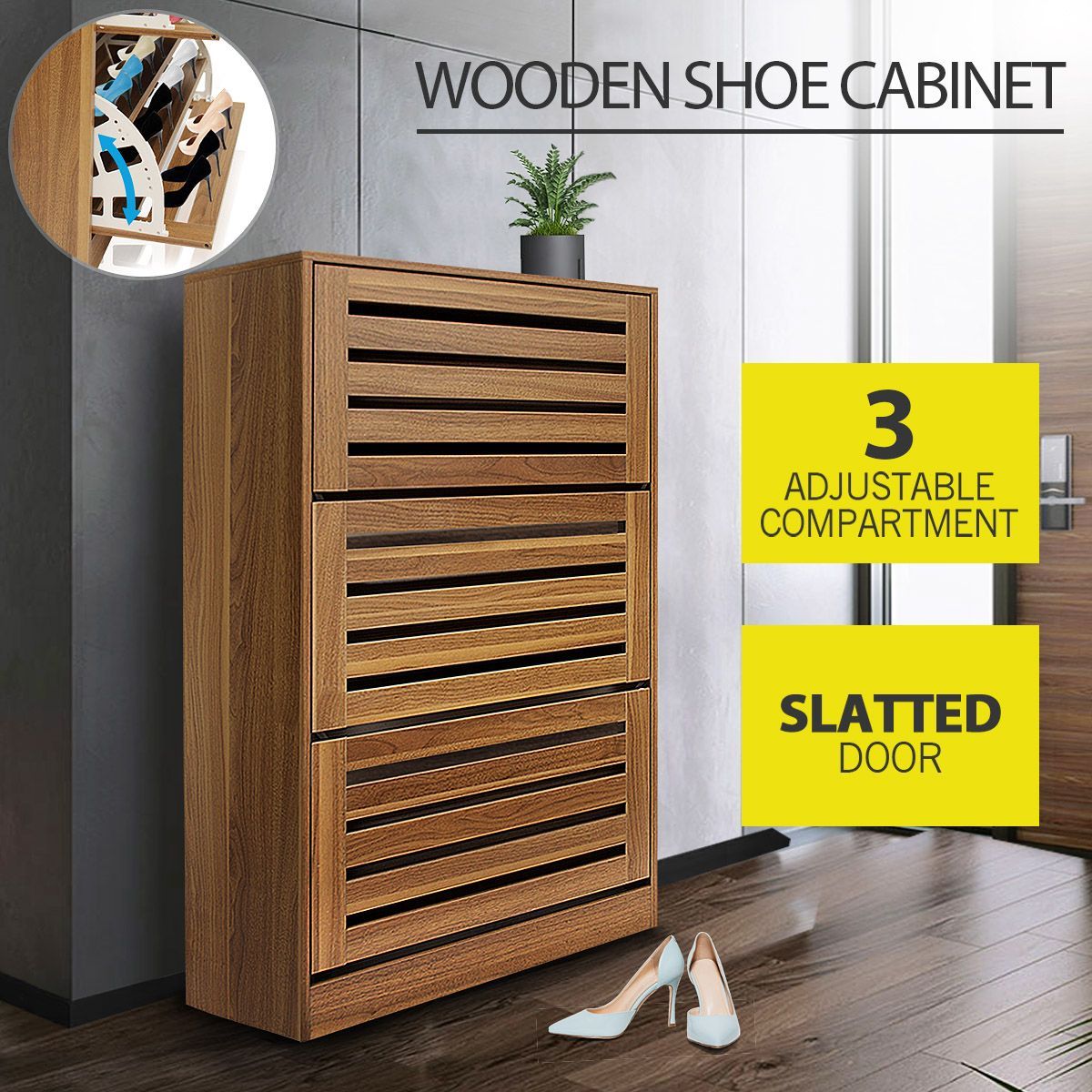 Oak Shoe Cabinet Rack Wooden Shelf Organiser w/3 Drawers  Shoes Storage