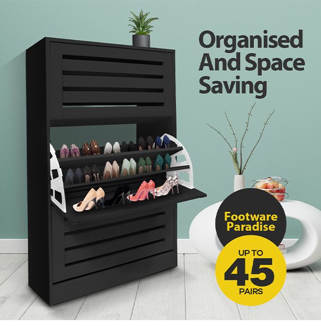 Black Wooden Shoe Cabinet Rack Shelf Organiser w 3 Drawers 45 Pairs Shoes Storage