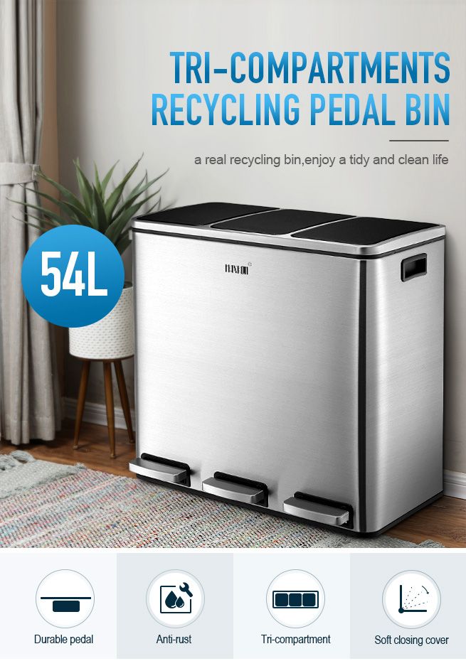 Maxkon 54L Pedal Recycling Bin Kitchen Rubbish Bin Waste Garbage Trash Bin Can with Three Compartments Silver