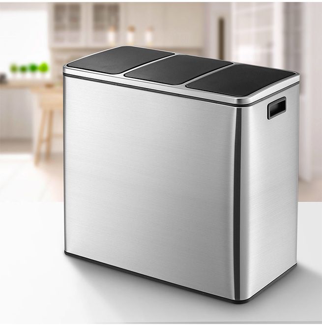 Maxkon 54L Pedal Recycling Bin Kitchen Rubbish Bin Waste Garbage Trash Bin Can with Three Compartments Silver