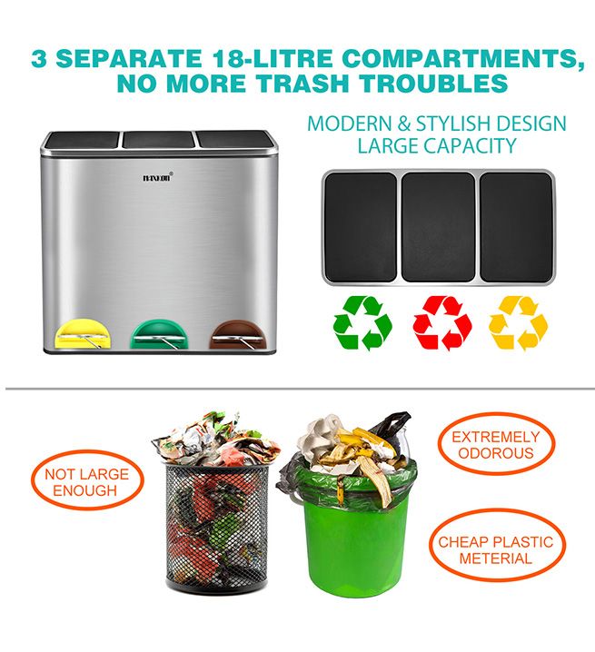 Maxkon 54L Pedal Recycling Bin Kitchen Rubbish Bin Waste Garbage Trash Bin Can with Three Compartments Silver