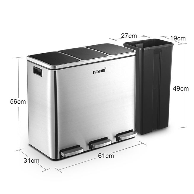 Maxkon 54L Pedal Recycling Bin Kitchen Rubbish Bin Waste Garbage Trash Bin Can with Three Compartments Silver