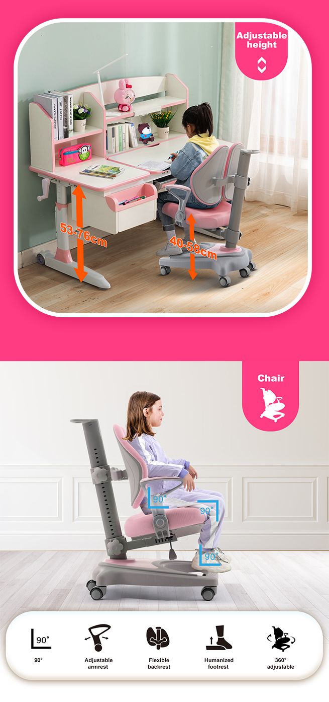 Kids Study Desk and Chair Set Pink Ergonomic Children Height Adjustable