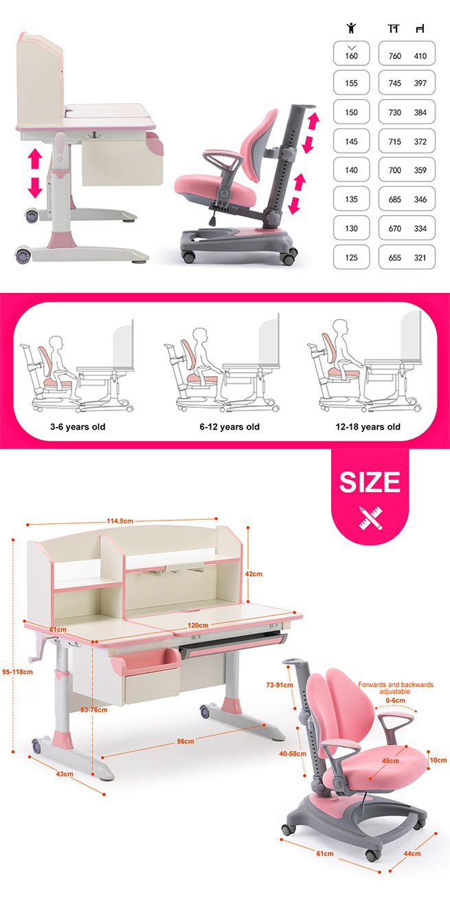 Kids Study Desk and Chair Set Pink Ergonomic Children Height Adjustable