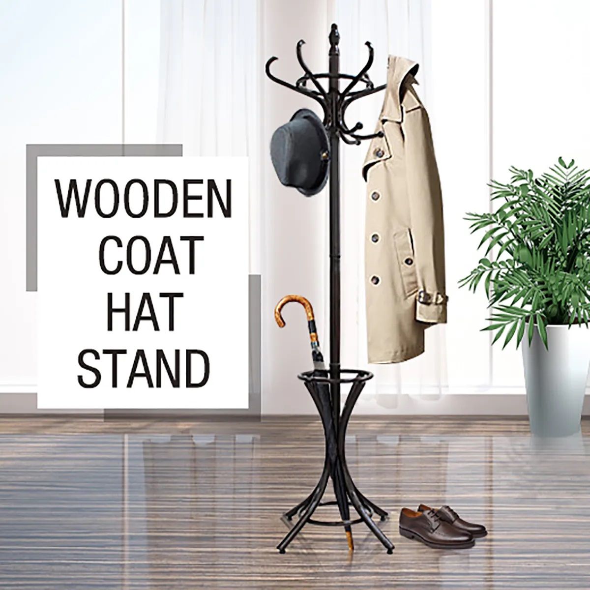 Rotating 12 hooks wooden coat stand clothes rack hat hanger with base ring for UmbrellasWalnut