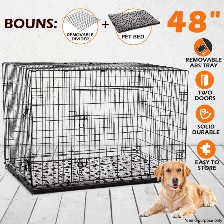 48" 2 doors 2 dividers XL collapsible Dog Crate Cage with pet bed